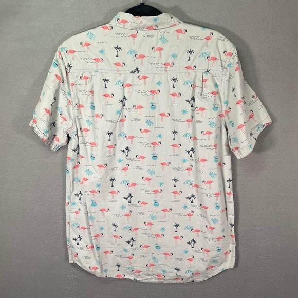 Retrofit Mens Large Button Down Shirt White Flamingo Tropical Short Sleeve - Picture 2 of 8